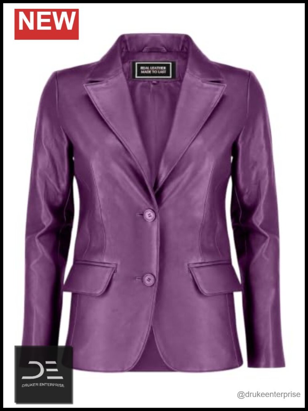 Genuine Lambskin Leather Blazer Women Classic Notch Lapel Button